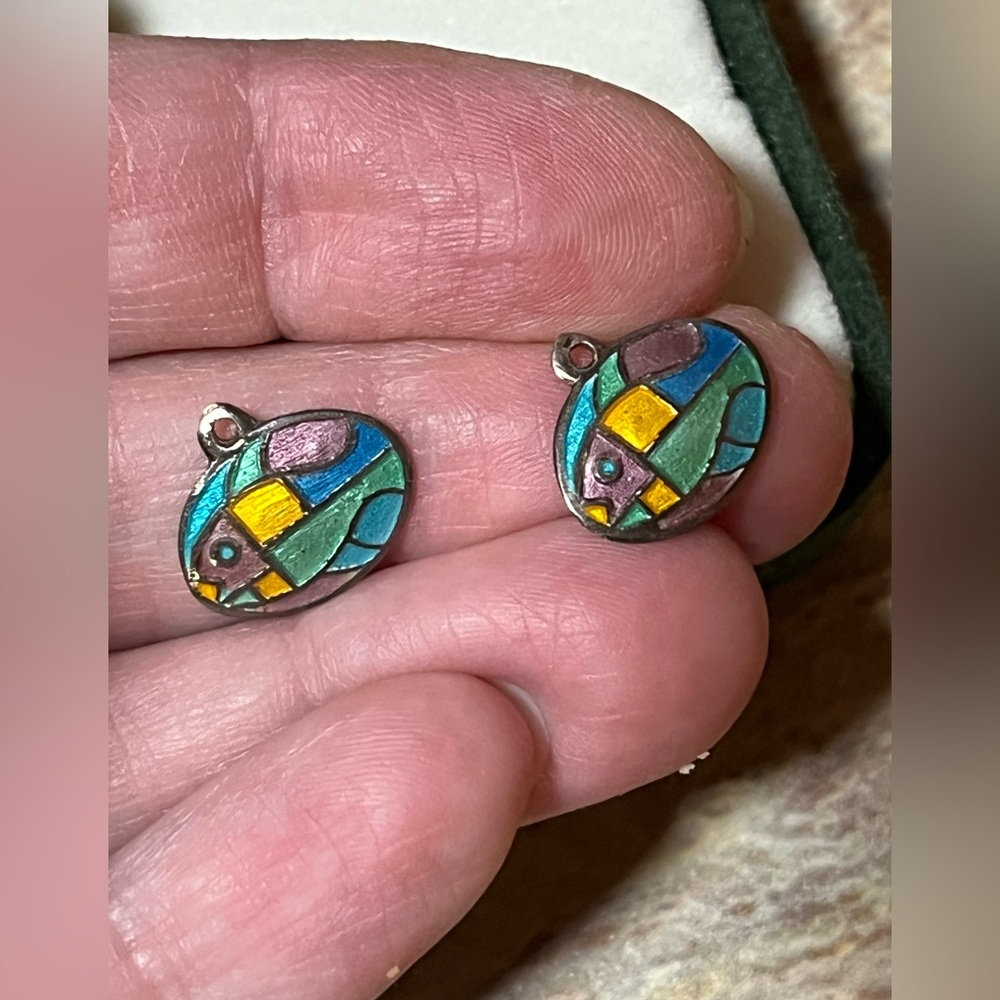 Vintage Sterling Silver And Enamel Geometric Fish Charms